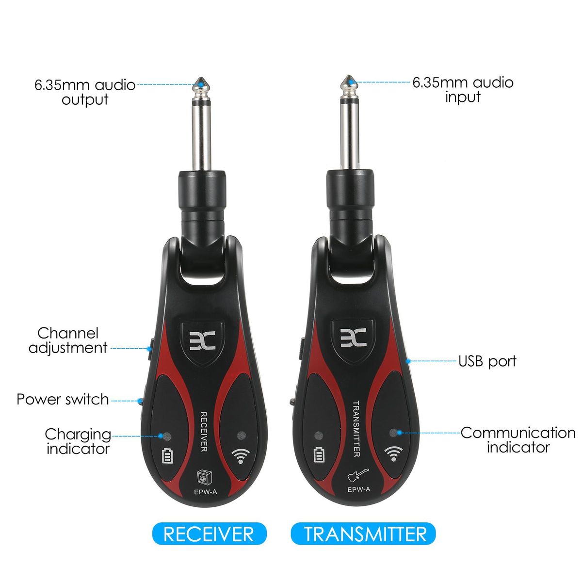 ENO EPW-A Guitar Wireless System Rechargeable Audio Transmitter and Receiver UHF 6.35mm Plug for Electric Bass Guitar Amplifier Accessories