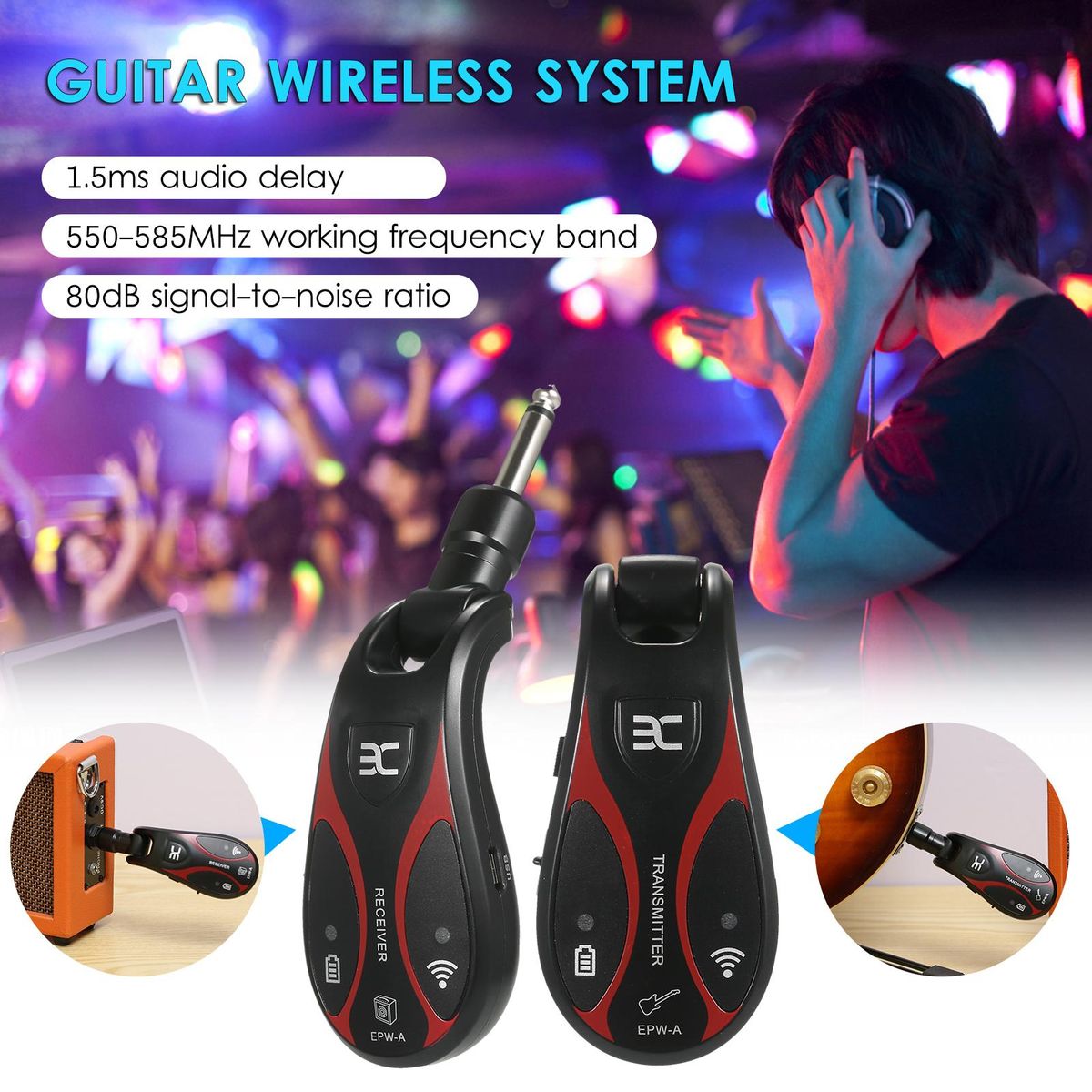 ENO EPW-A Guitar Wireless System Rechargeable Audio Transmitter and Receiver UHF 6.35mm Plug for Electric Bass Guitar Amplifier Accessories
