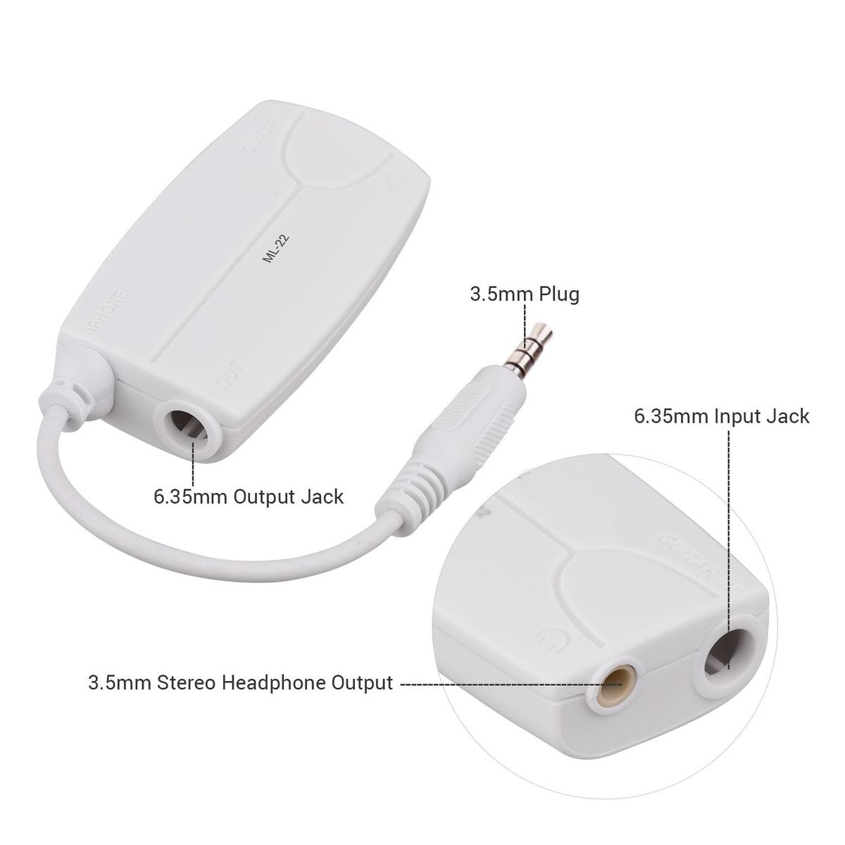 ML-22 Guitar Audio Interface Connector Converter for Electric Guitar Bass to Mobile Phone Tablet Connection Compatible with iPhone/iPad Android Smartphone Tablet with 3.5mm Audio Plug