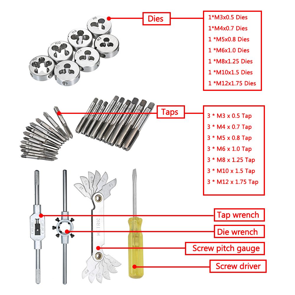 32 PCS HSS Tap And Die Set Metric Wrench Cut M3-M12 Hand