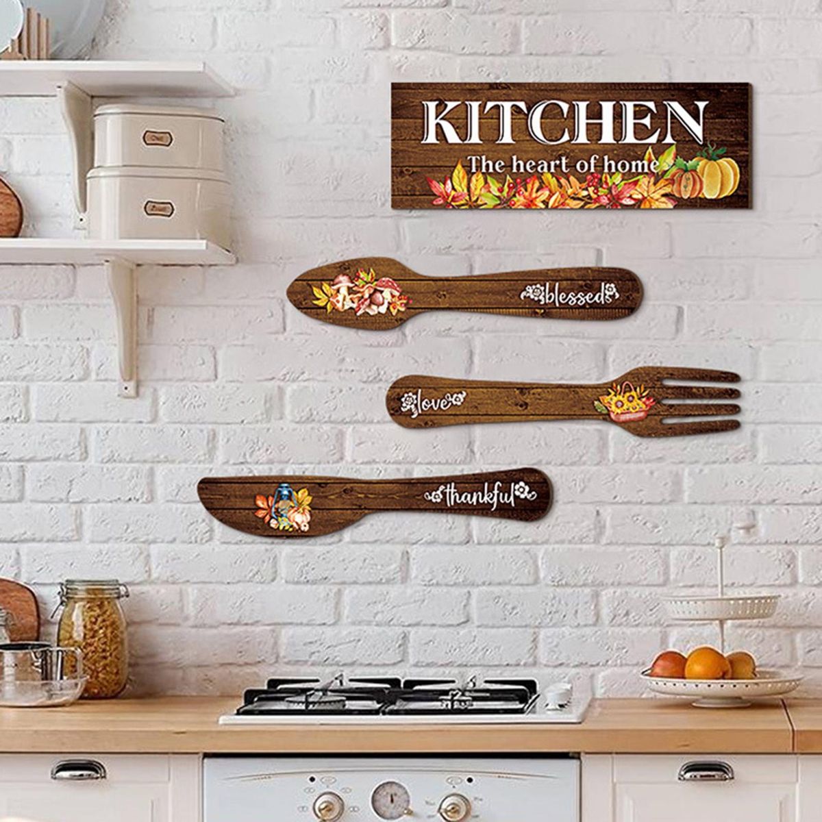 Rustic Summer Kitchen Wall Decor Set Blessed Thankful Eat Wooden Signs