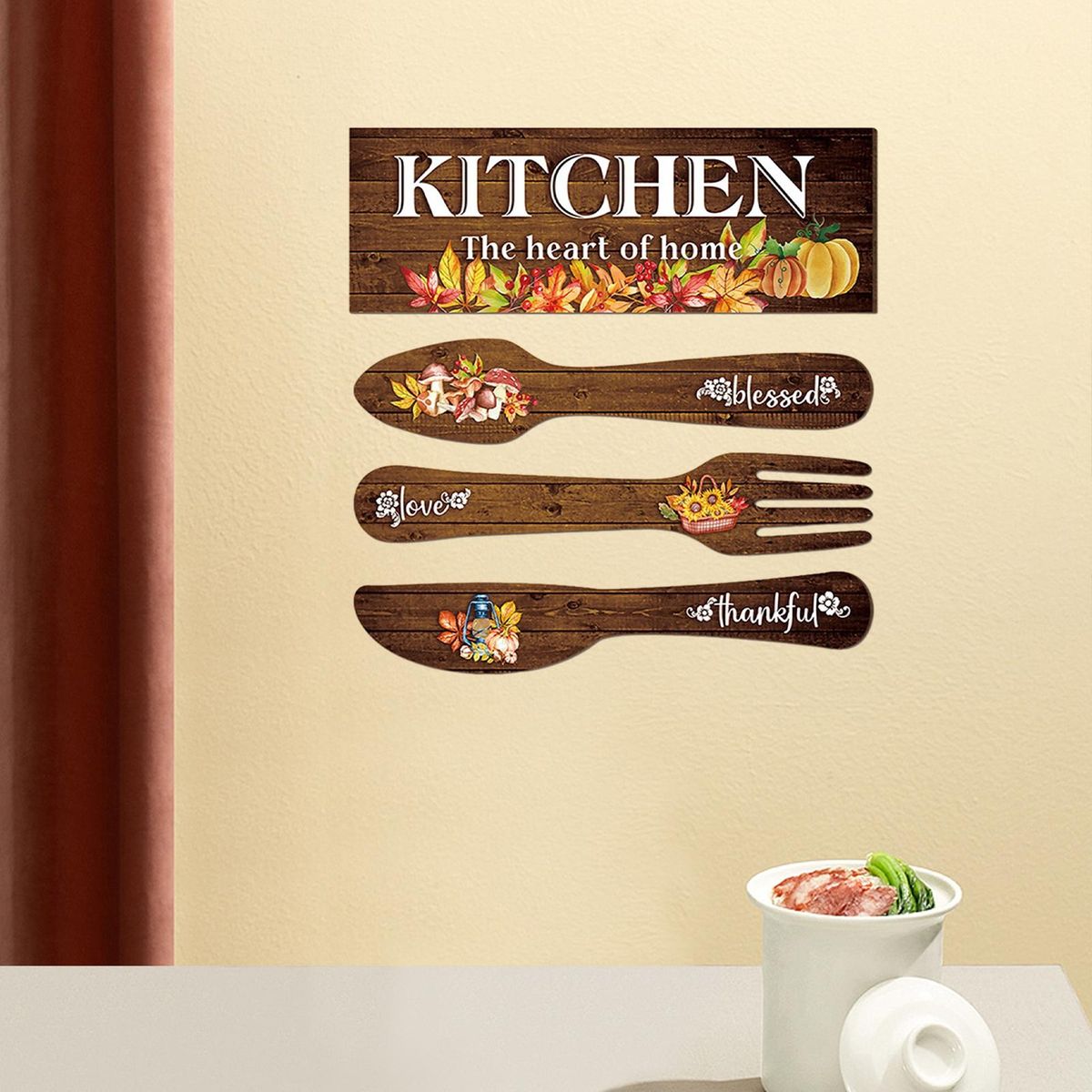 Rustic Summer Kitchen Wall Decor Set Blessed Thankful Eat Wooden Signs