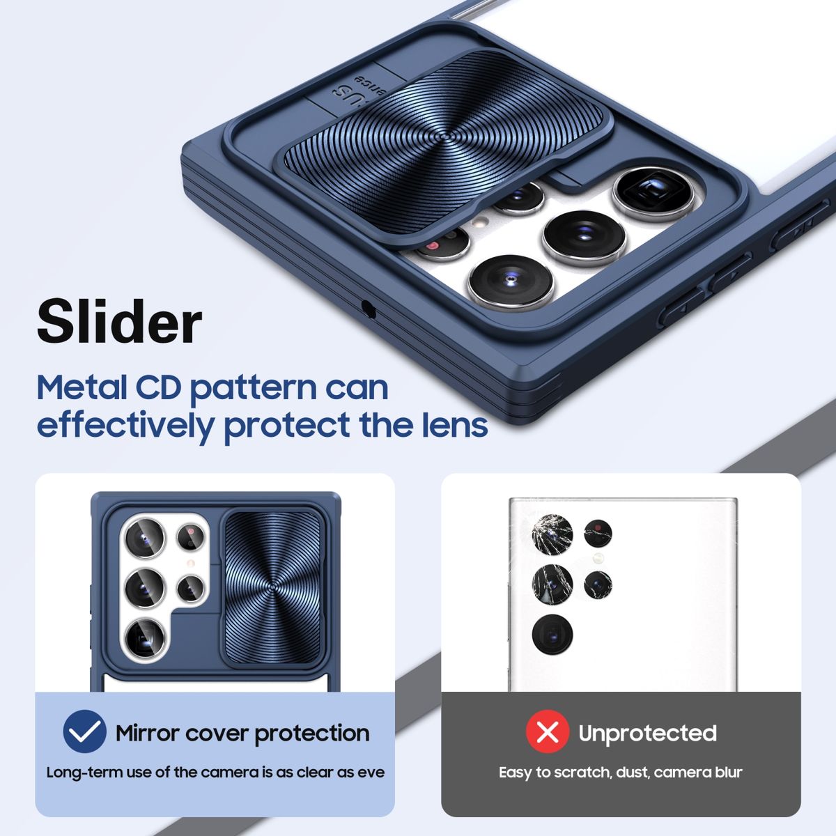 For Samsung Galaxy S22 Ultra 5G 360 Degree Full Coverage Sliding Camshield Phone Case(Navy Blue)