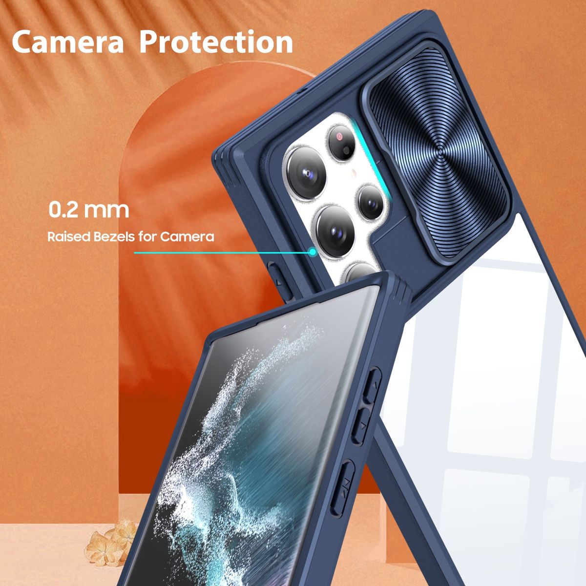 For Samsung Galaxy S22 Ultra 5G 360 Degree Full Coverage Sliding Camshield Phone Case(Navy Blue)