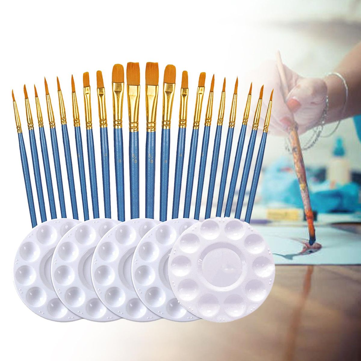 25Pcs Paint Brushes Palette Set Tool Face Body Long Wooden Handle DIY