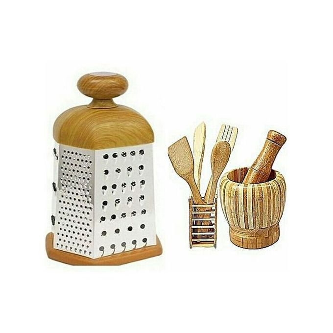 Wooden Set Of Spoons, Grater And Mortal