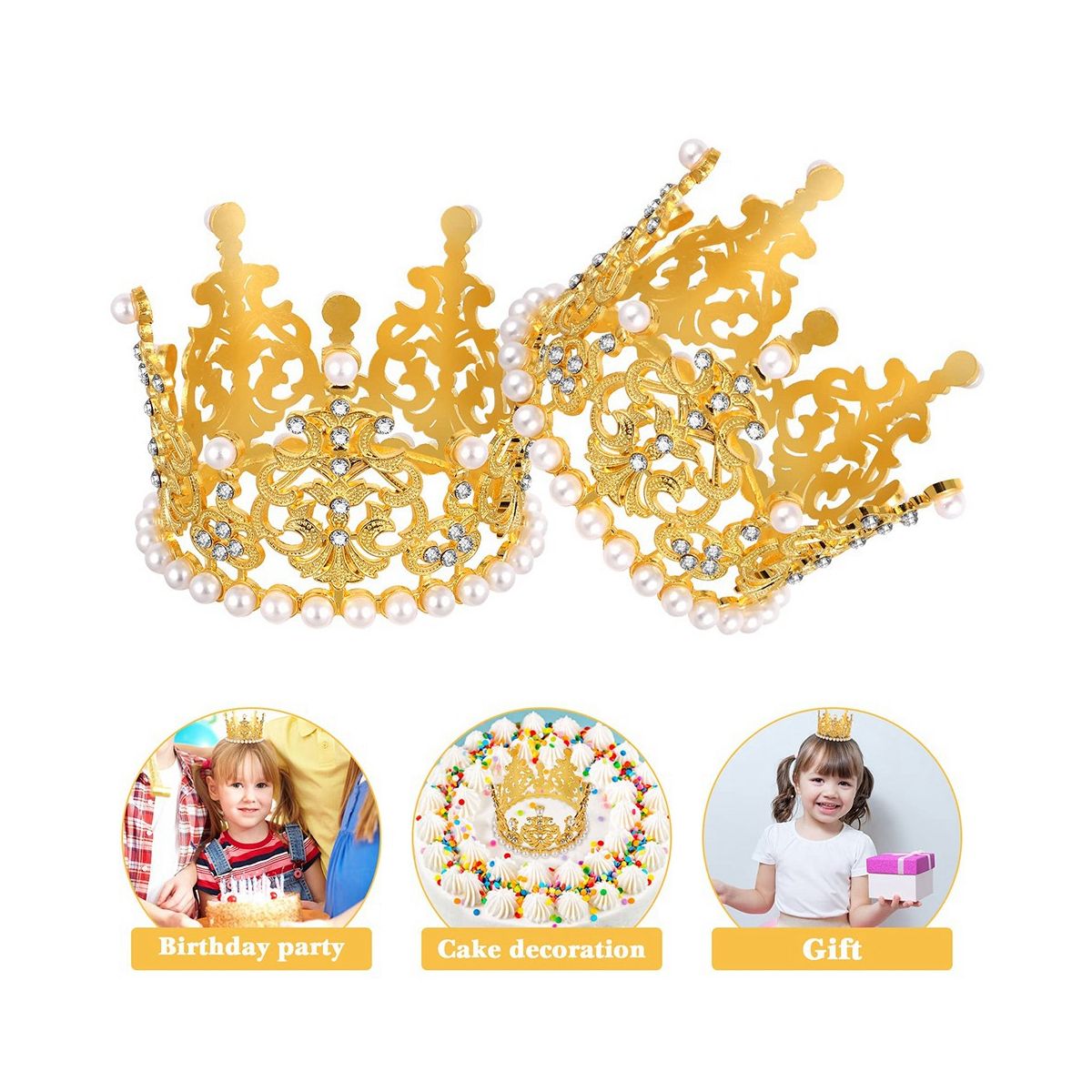 2Pcs Mini Crown Cake Topper Pearl Rhine Queen Princess Crown for Birthday Wedding Party Cake Decorations