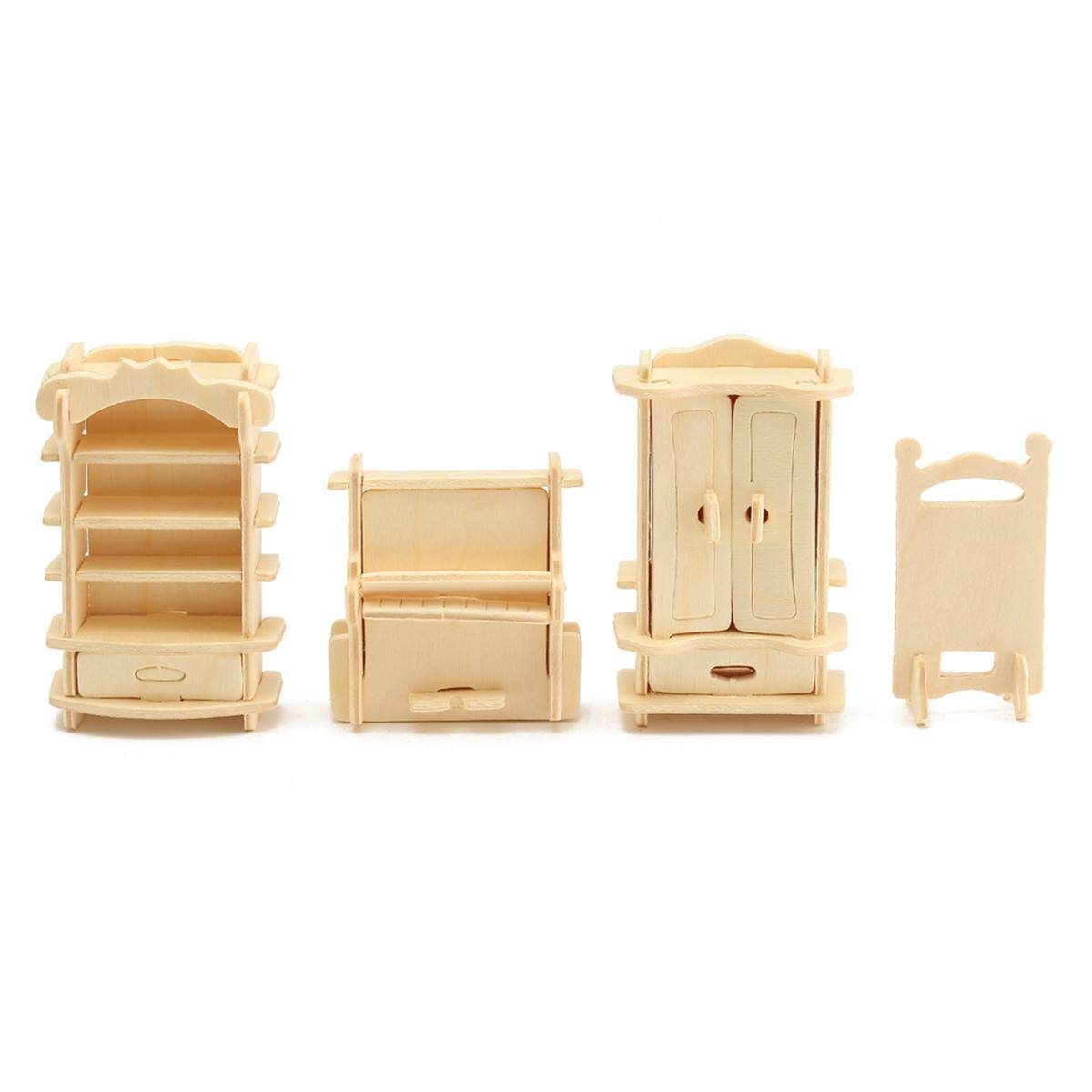 34Pcs 3D DIY Wooden Miniature Dollhouse Furniture Model Children Kids Play Toys