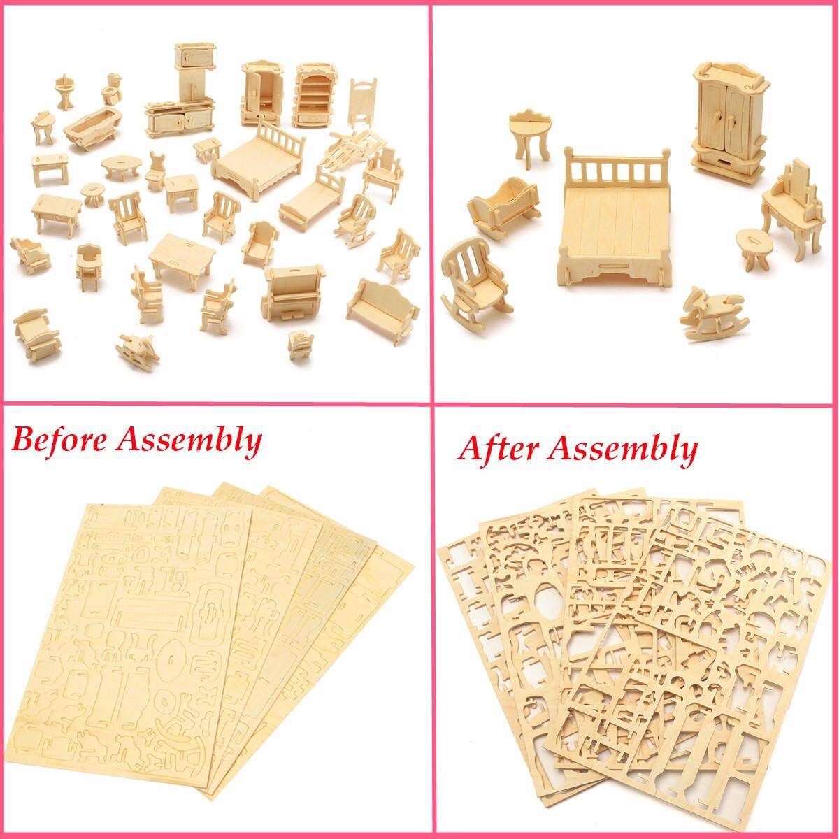 34Pcs 3D DIY Wooden Miniature Dollhouse Furniture Model Children Kids Play Toys
