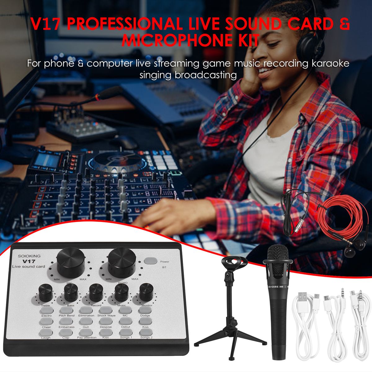 V17 Live Sound Card & Microphone Kit BT Mini Sound Mixer