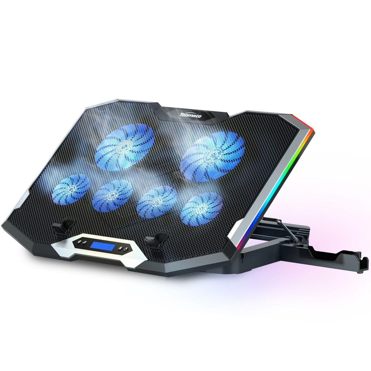 C11 Laptop Cooling Pad RGB Gaming Cooler For 15.6-17.3 Inch Laptop, Laptop Fan Cooling Stand With 6 Quiet Fans And 5 Heights Adjustable, LCD Screen And 2 USB Ports, 1 Phone Stand