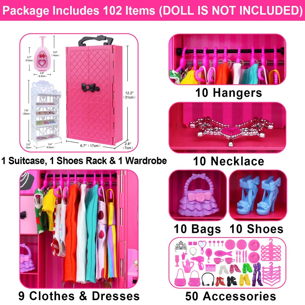 ZITA ELEMENT 11.5 Inch Girl Doll Closet Wardrobe Set 102 Pcs Clothes And Shoes Accessory Bag