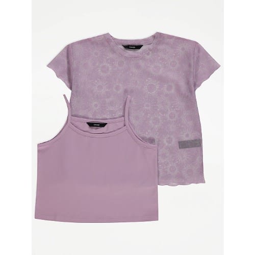 Lilac Sun Print Mesh Crop T-shirt And Vest Set