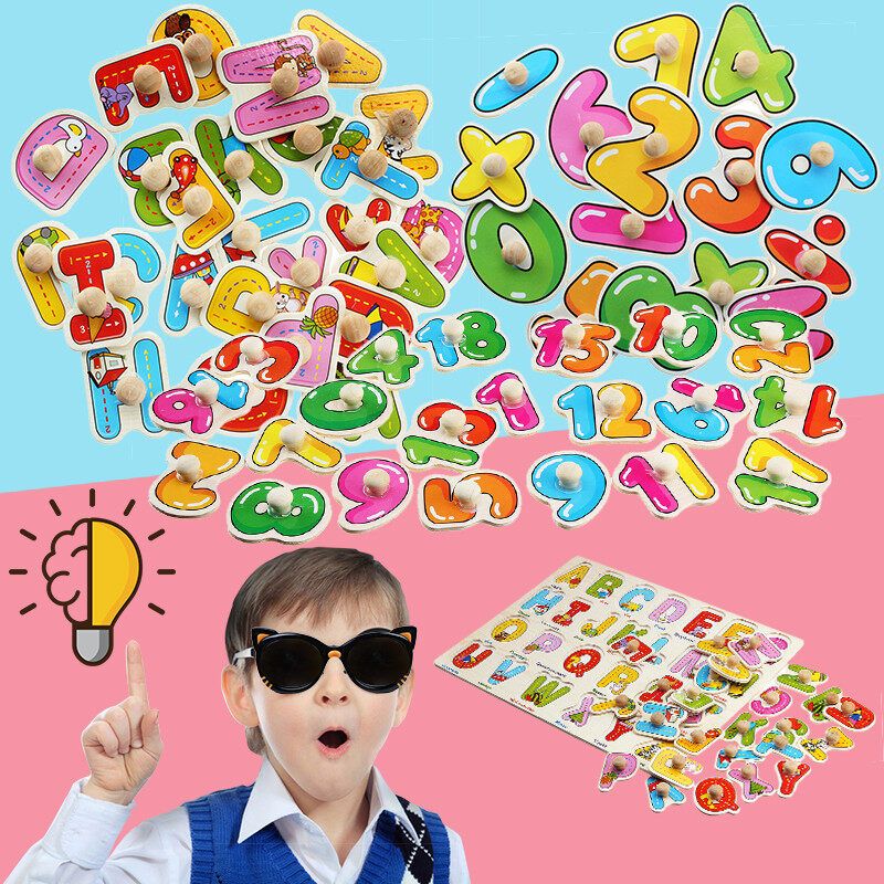 (30 X 22.2cm-Alphabet/Number/Math) Wooden Pegged Puzzle Set Inset Jigsaw Puzzle Learning Board Preschool Early Educational Development Toy Fun Game Gift For Kid Baby Toddler Numbers
