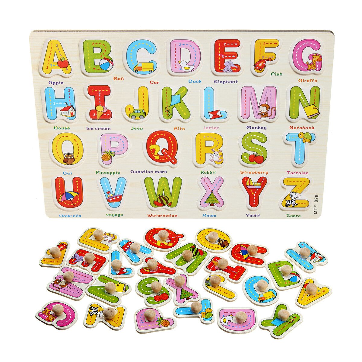 (30 X 22.2cm-Alphabet/Number/Math) Wooden Pegged Puzzle Set Inset Jigsaw Puzzle Learning Board Preschool Early Educational Development Toy Fun Game Gift For Kid Baby Toddler Alphabets