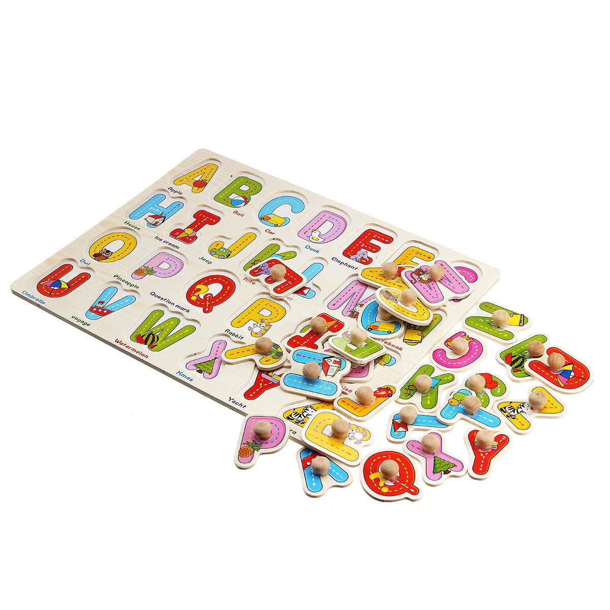 (30 X 22.2cm-Alphabet/Number/Math) Wooden Pegged Puzzle Set Inset Jigsaw Puzzle Learning Board Preschool Early Educational Development Toy Fun Game Gift For Kid Baby Toddler Alphabets