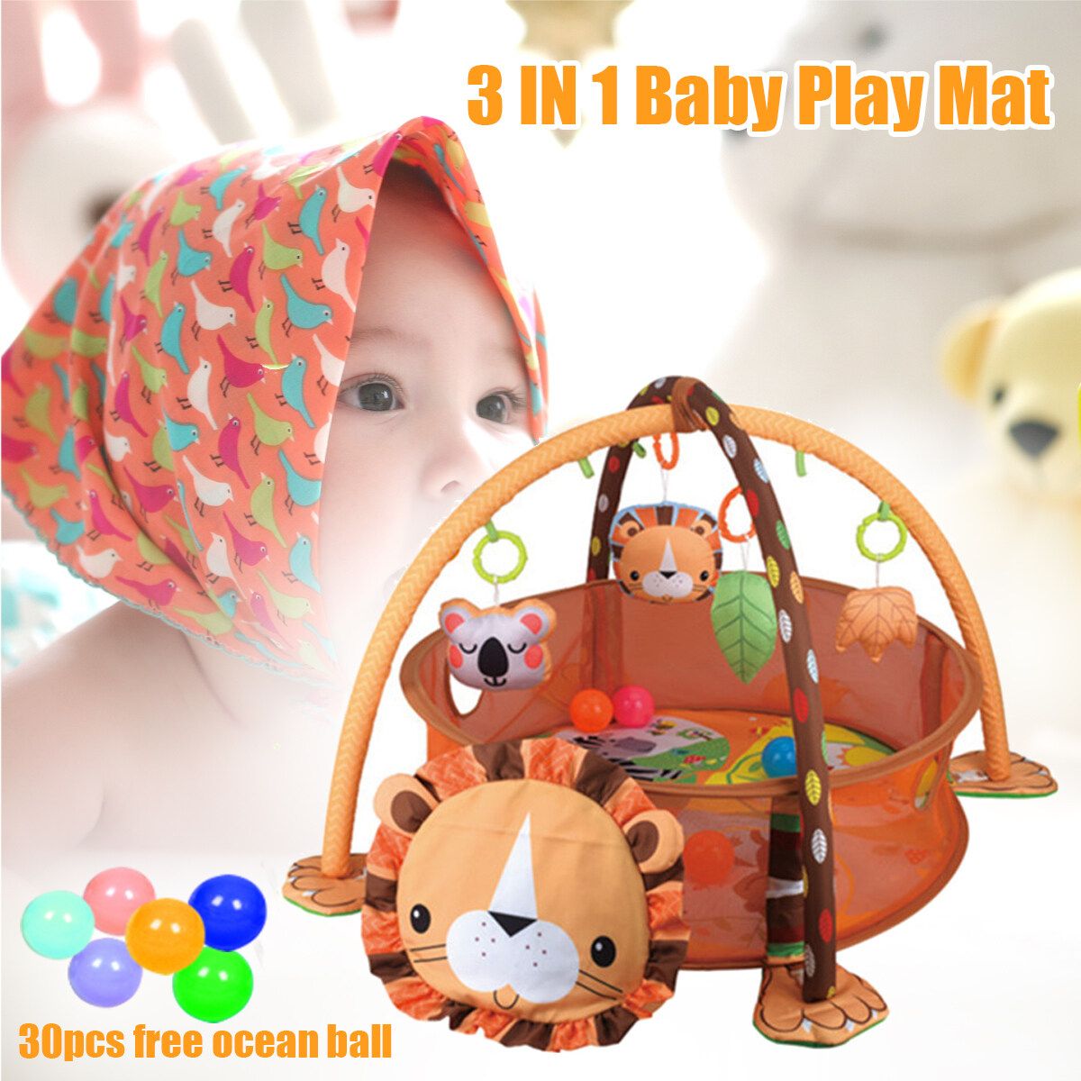 35" 3 In 1 Play Mat Baby Infant Activity Gym Game Play Mat Crawling Rug Toy