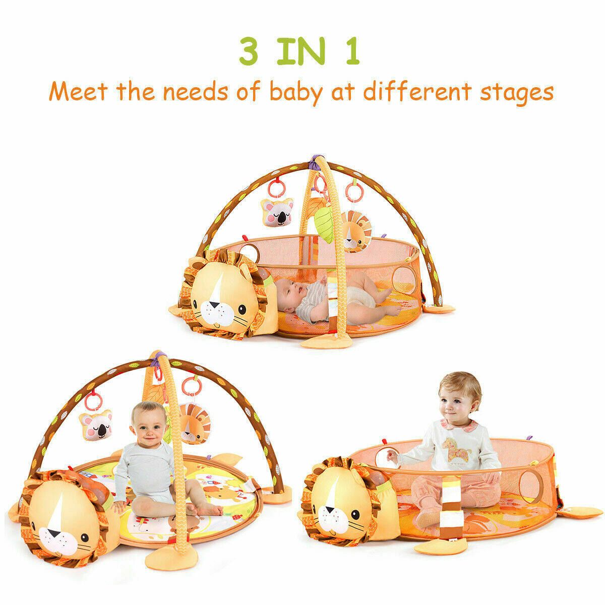 35" 3 In 1 Play Mat Baby Infant Activity Gym Game Play Mat Crawling Rug Toy