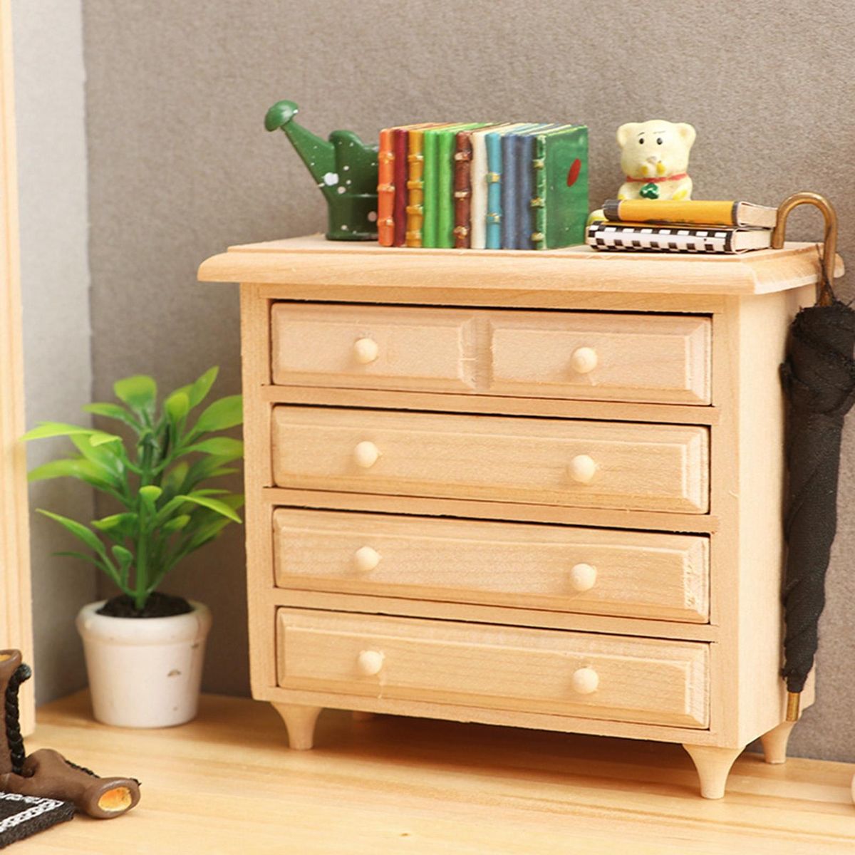 Dollhouse Cabinet Mini Bedroom Wooden Bed Side Cabinet Play House Toy Burlywood