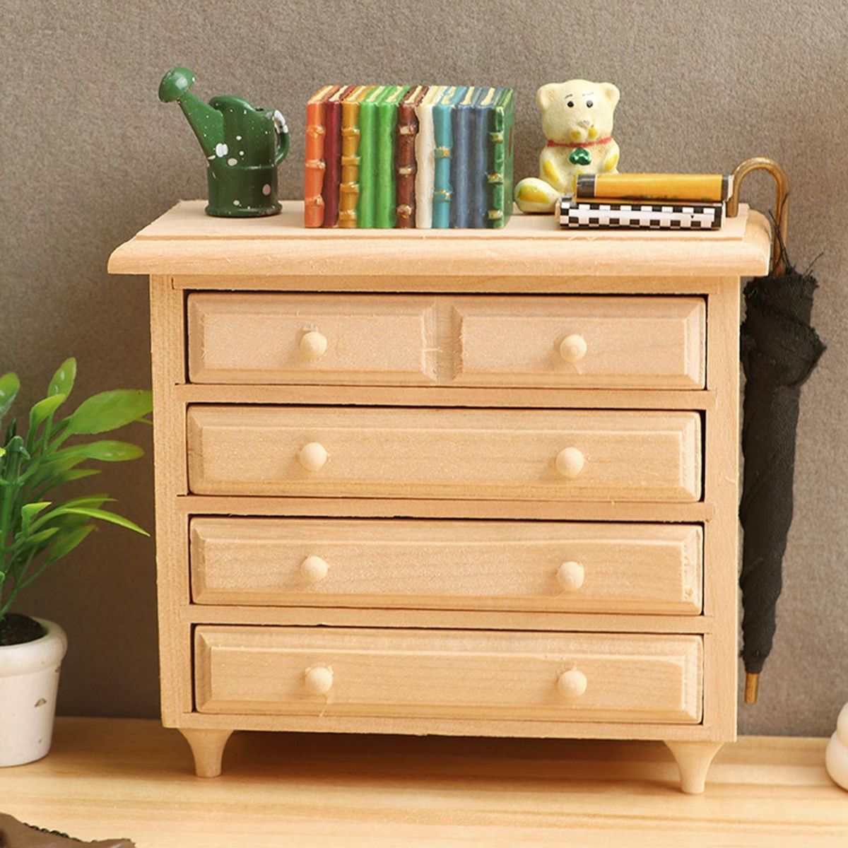 Dollhouse Cabinet Mini Bedroom Wooden Bed Side Cabinet Play House Toy Burlywood