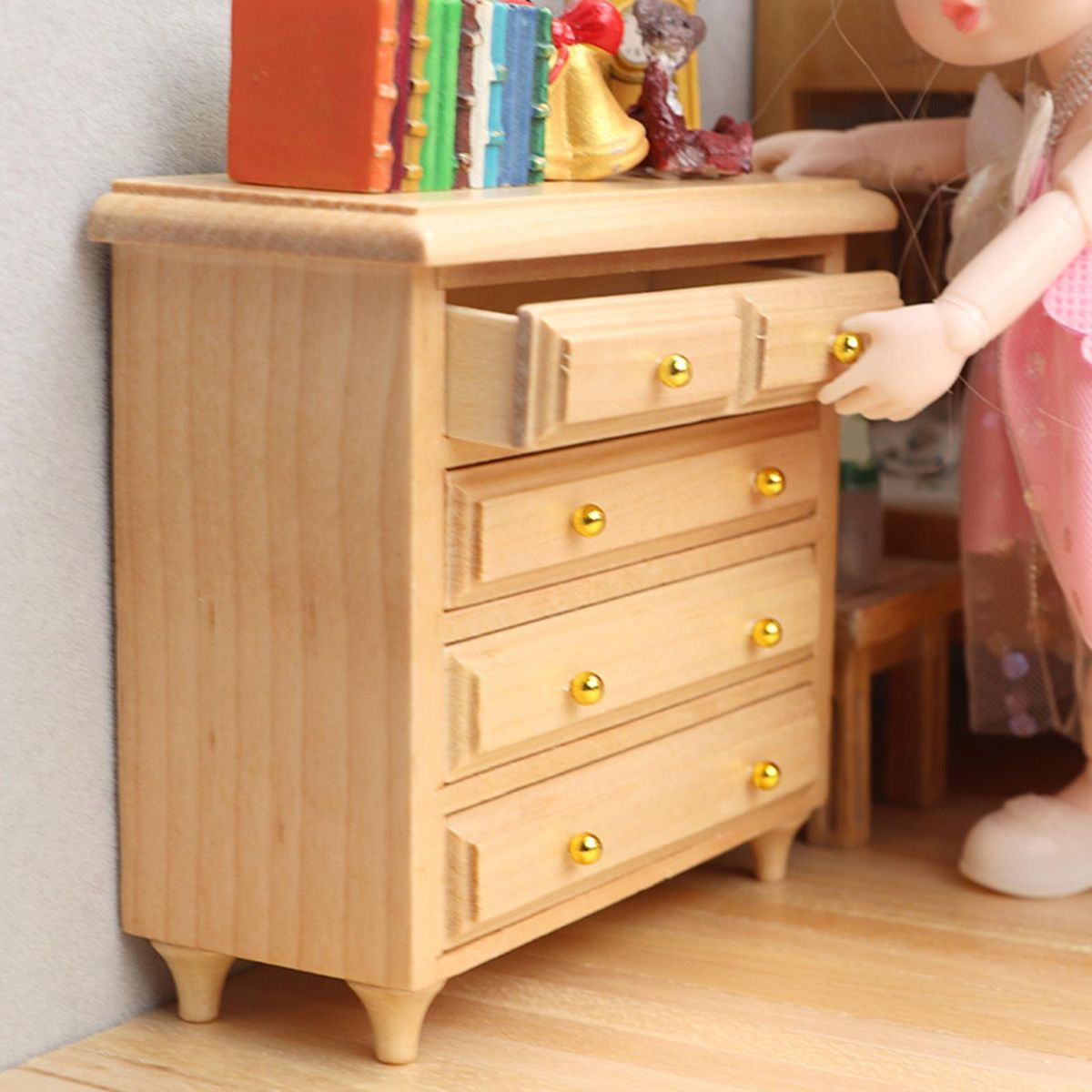 Dollhouse Cabinet Mini Bedroom Wooden Bed Side Cabinet Play House Toy Burlywood