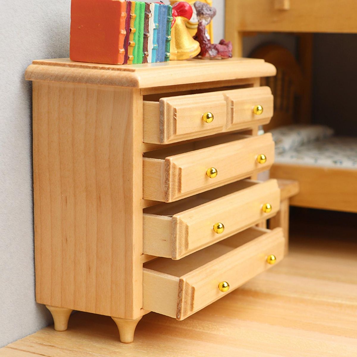 Dollhouse Cabinet Mini Bedroom Wooden Bed Side Cabinet Play House Toy Burlywood