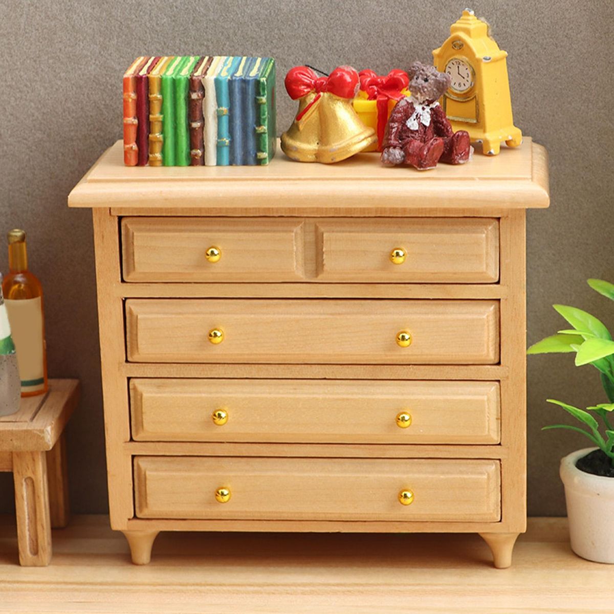 Dollhouse Cabinet Mini Bedroom Wooden Bed Side Cabinet Play House Toy Burlywood