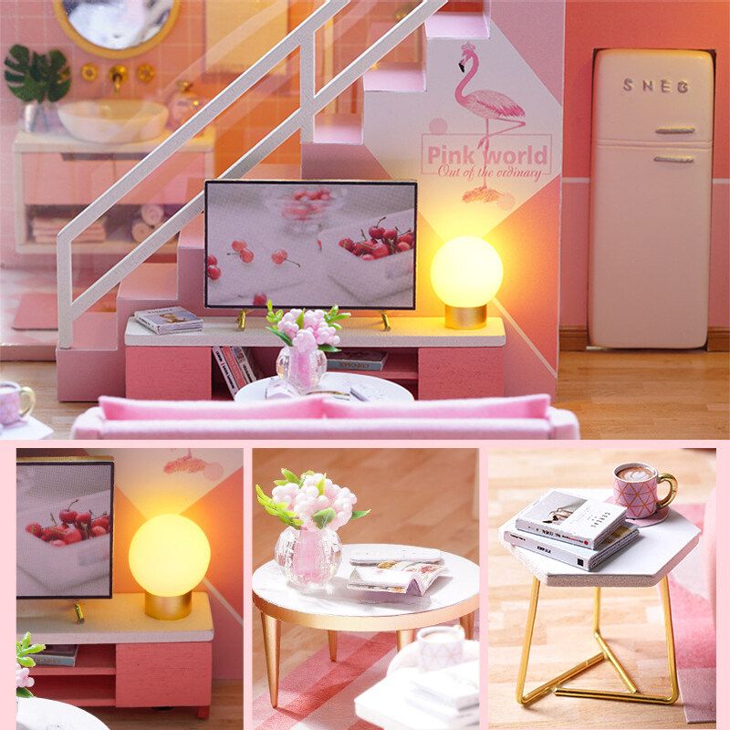 LED Light Wooden 3D DIY Dollhouse Miniature Furniture Doll House Gift Toys For Children Girls Pink