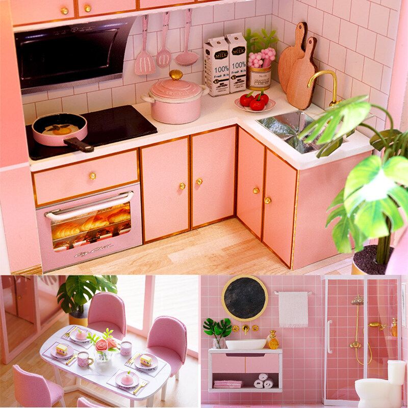 LED Light Wooden 3D DIY Dollhouse Miniature Furniture Doll House Gift Toys For Children Girls Pink
