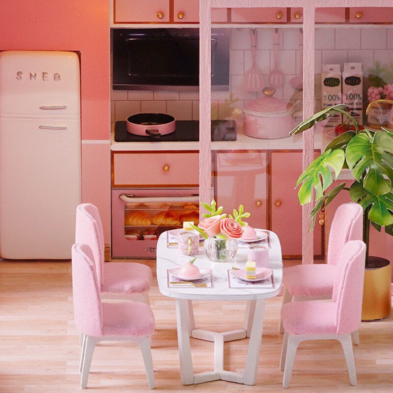 LED Light Wooden 3D DIY Dollhouse Miniature Furniture Doll House Gift Toys For Children Girls Pink