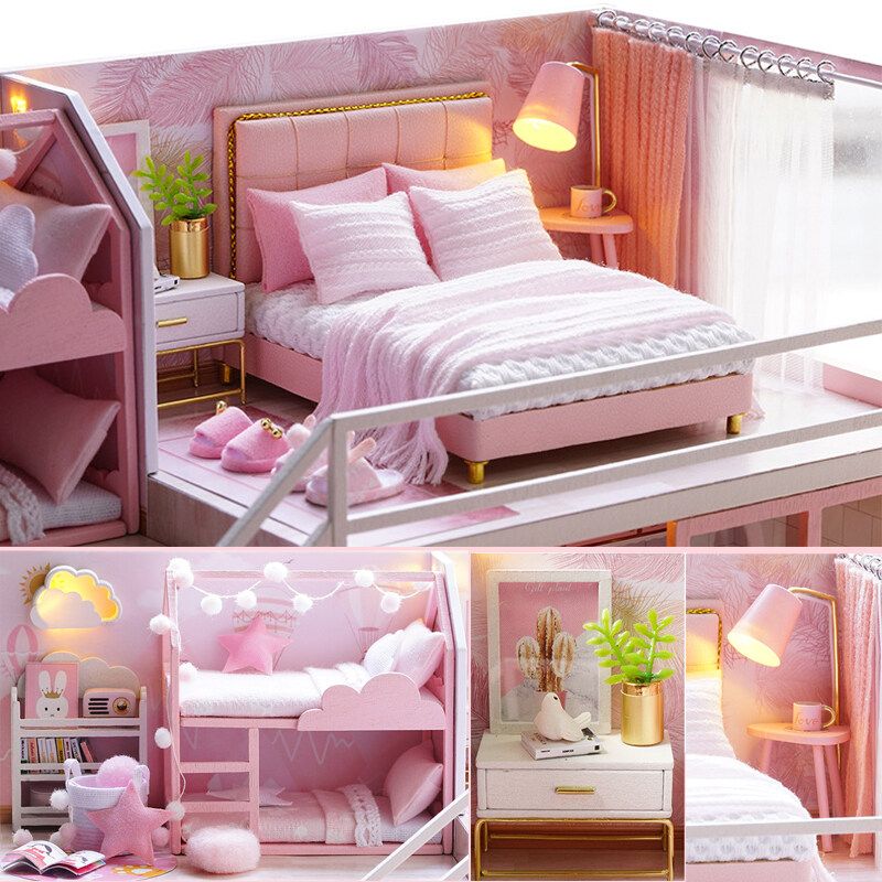 LED Light Wooden 3D DIY Dollhouse Miniature Furniture Doll House Gift Toys For Children Girls Pink