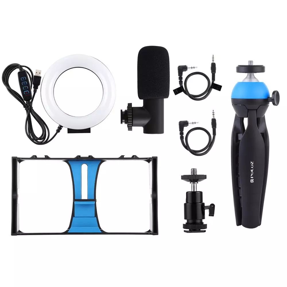 4 In 1 Vlogging Live Broadcast Smartphone Video Rig +4.6 Inch LED Selfie Ring Light & Microphone +Tripod Mount+Tripod Head
