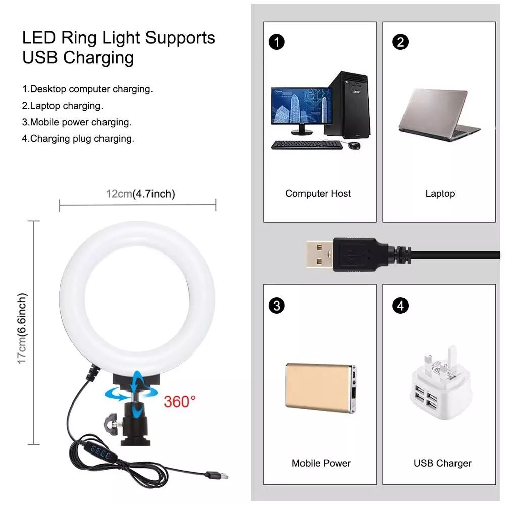4 In 1 Vlogging Live Broadcast Smartphone Video Rig +4.6 Inch LED Selfie Ring Light & Microphone +Tripod Mount+Tripod Head