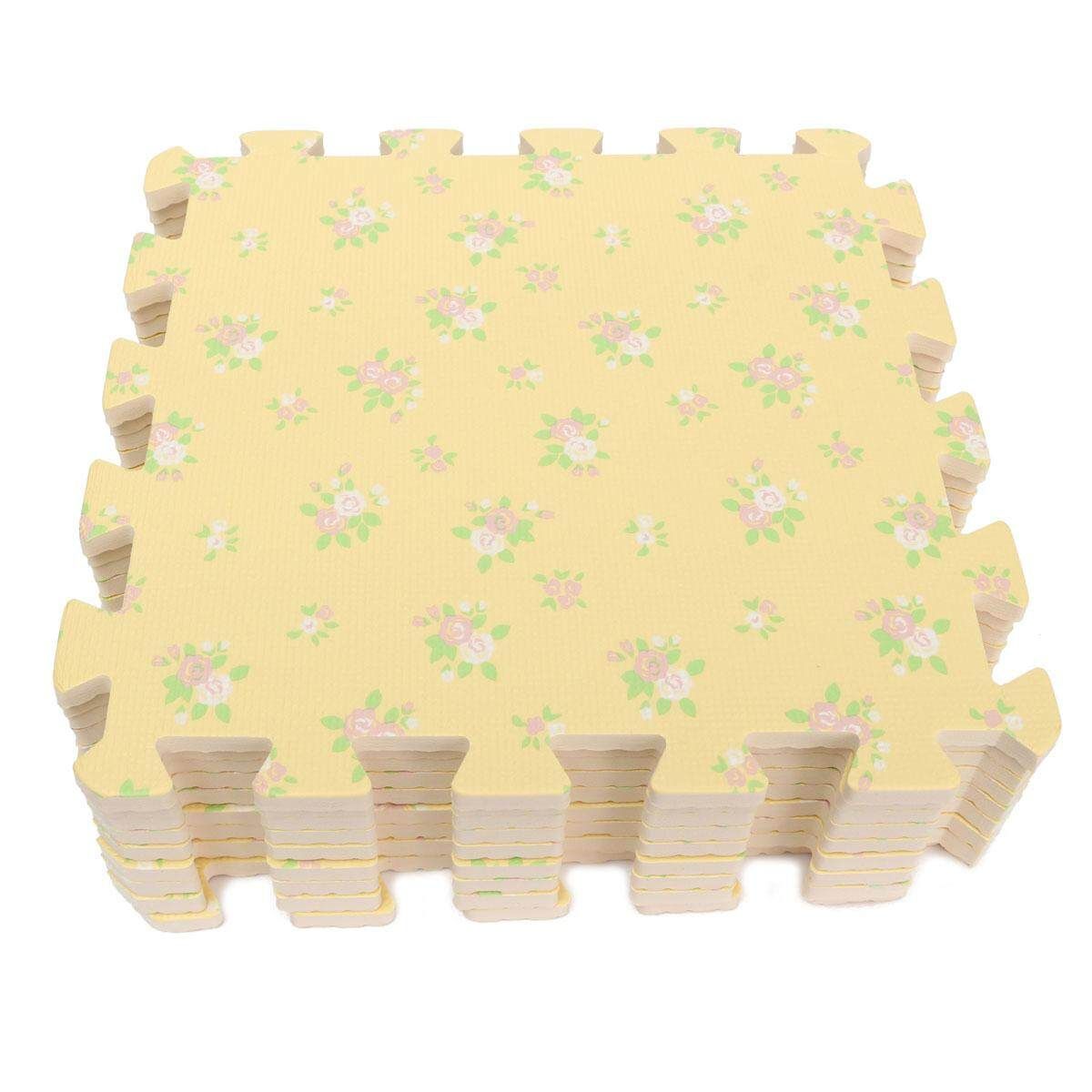 9PCS Wood Interlock EVA Foam Floor Puzzle Pad Work Gym Mat Kid Safety Play Rug Beige Flowers
