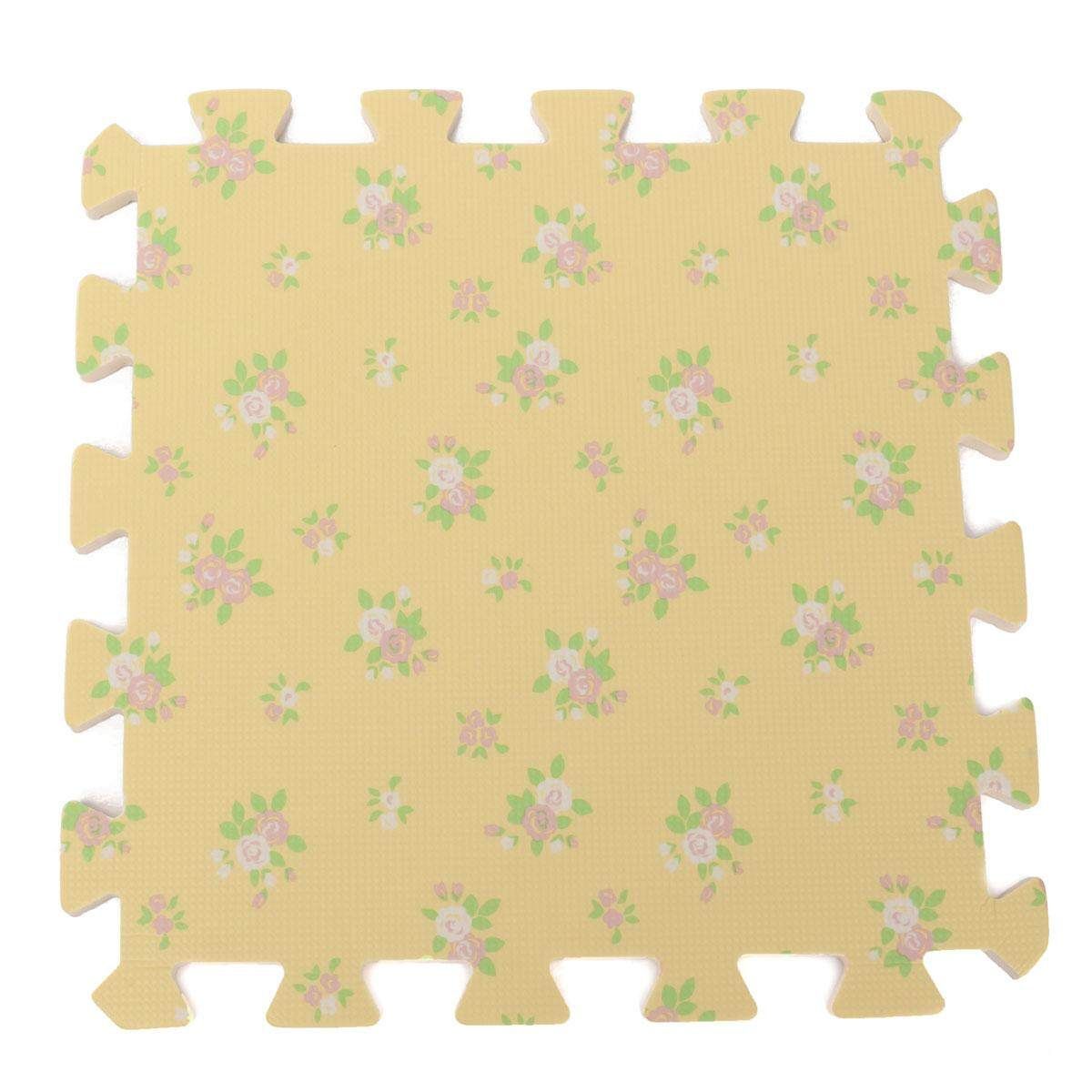 9PCS Wood Interlock EVA Foam Floor Puzzle Pad Work Gym Mat Kid Safety Play Rug Beige Flowers