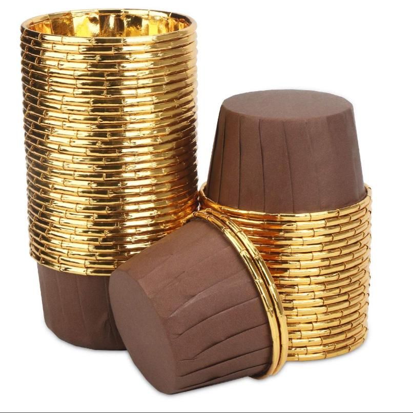 50Pcs Aluminum Foil Cupcake Cups Disposable Muffin Liners Baking Cups Aluminum Cupcake Tip Pan Ramekin Holders Little Pudding Cups-Gold + Brown