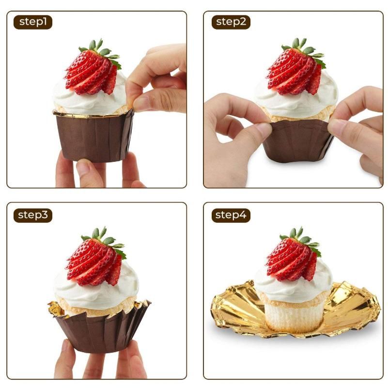 50Pcs Aluminum Foil Cupcake Cups Disposable Muffin Liners Baking Cups Aluminum Cupcake Tip Pan Ramekin Holders Little Pudding Cups-Gold + Brown