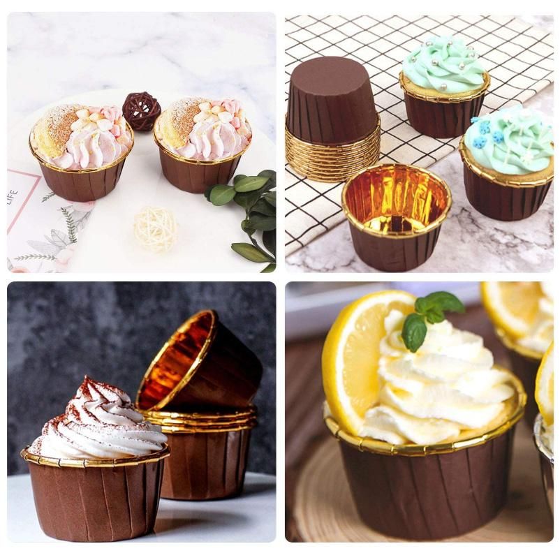 50Pcs Aluminum Foil Cupcake Cups Disposable Muffin Liners Baking Cups Aluminum Cupcake Tip Pan Ramekin Holders Little Pudding Cups-Gold + Brown