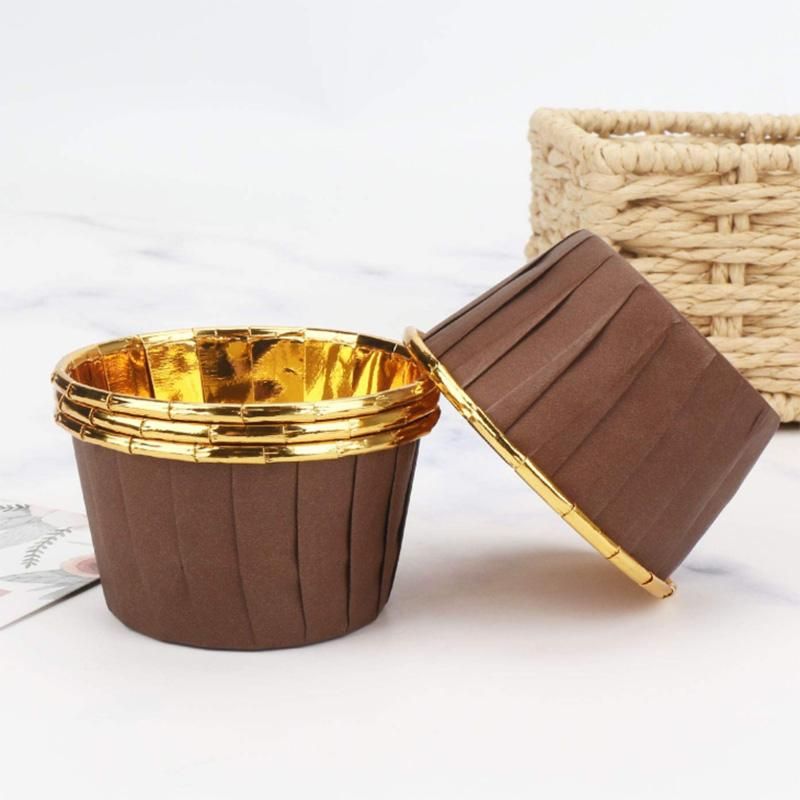 50Pcs Aluminum Foil Cupcake Cups Disposable Muffin Liners Baking Cups Aluminum Cupcake Tip Pan Ramekin Holders Little Pudding Cups-Gold + Brown