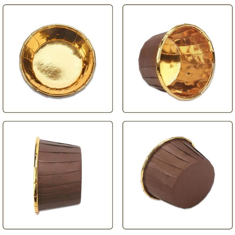 50Pcs Aluminum Foil Cupcake Cups Disposable Muffin Liners Baking Cups Aluminum Cupcake Tip Pan Ramekin Holders Little Pudding Cups-Gold + Brown