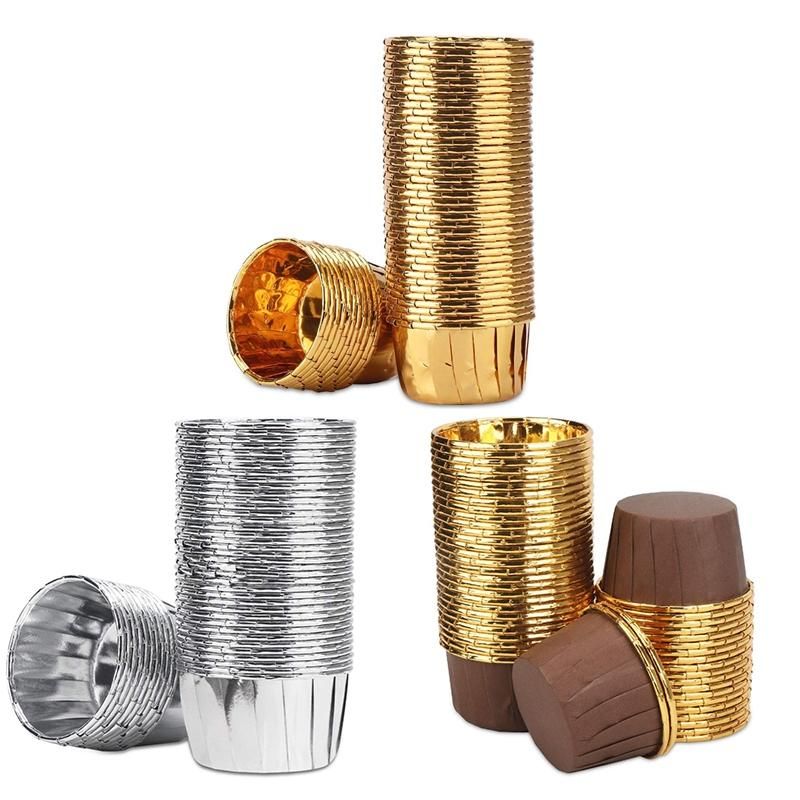 50Pcs Aluminum Foil Cupcake Cups Disposable Muffin Liners Baking Cups Aluminum Cupcake Tip Pan Ramekin Holders Little Pudding Cups-Gold + Brown