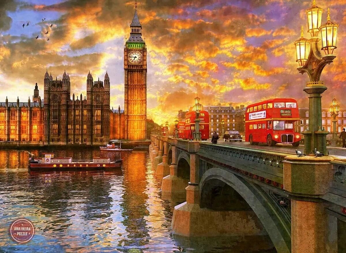 Sunset In London Puzzle 1000 Pieces Big Ben Clock Tower Red Bus Bridge Sky Jigsaw Puzzle England United Kingdom Travel Hobby