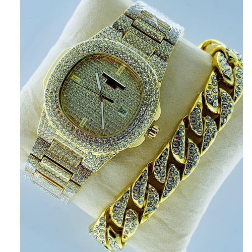 Keep Moving Stone Iced Men's Wristwatch With Hand Chain - Gold