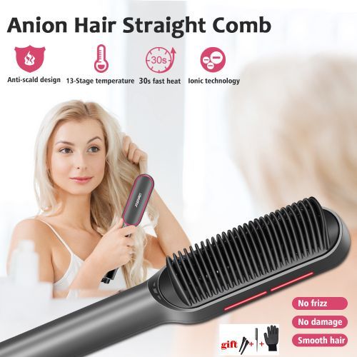 Unisex LED Digital Display Hot-Air Hair Modeling Comb Straightener Beard Brush Hair Dryer-G20-Black