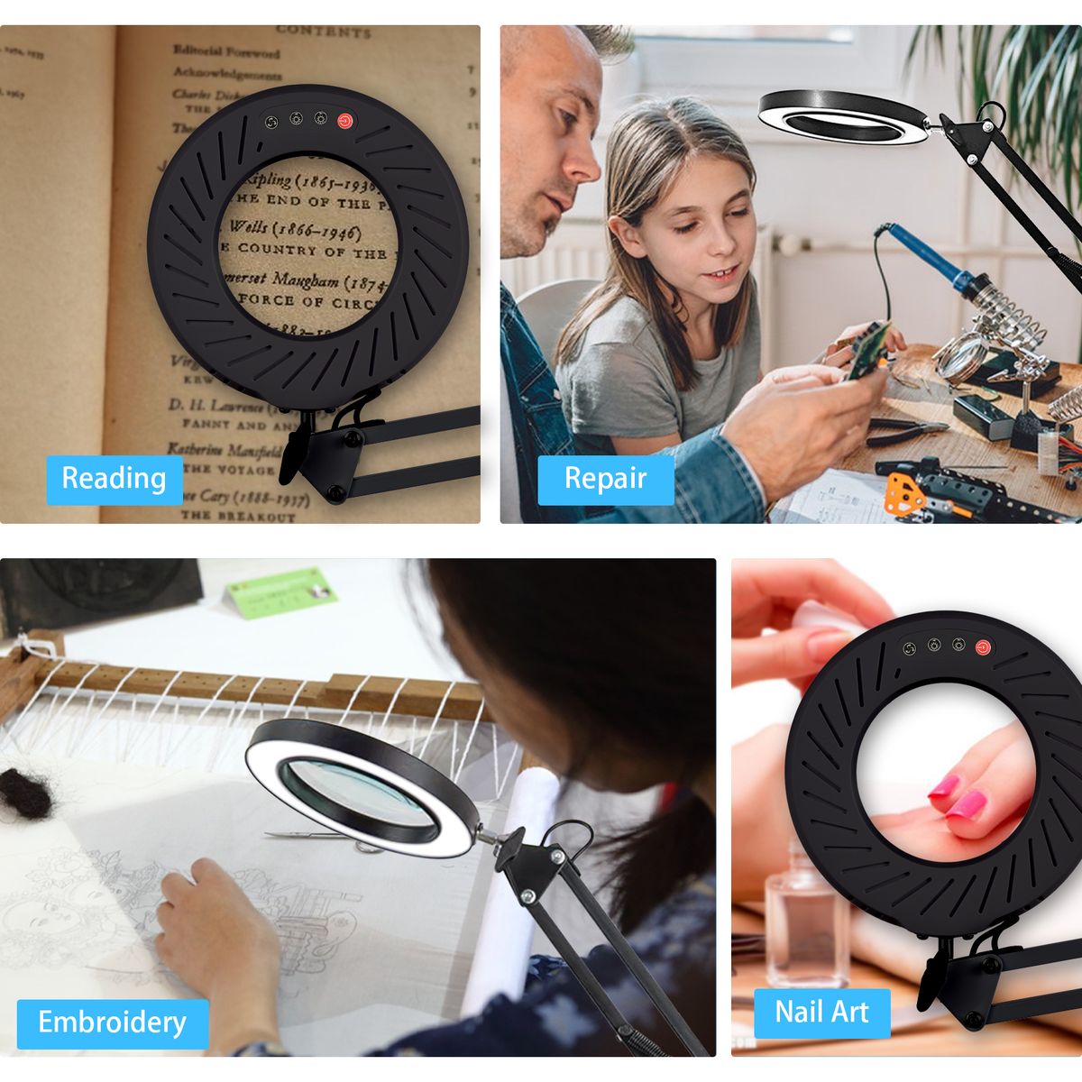 LED Adjustable Magnifier Desk Light With Clamp-8X