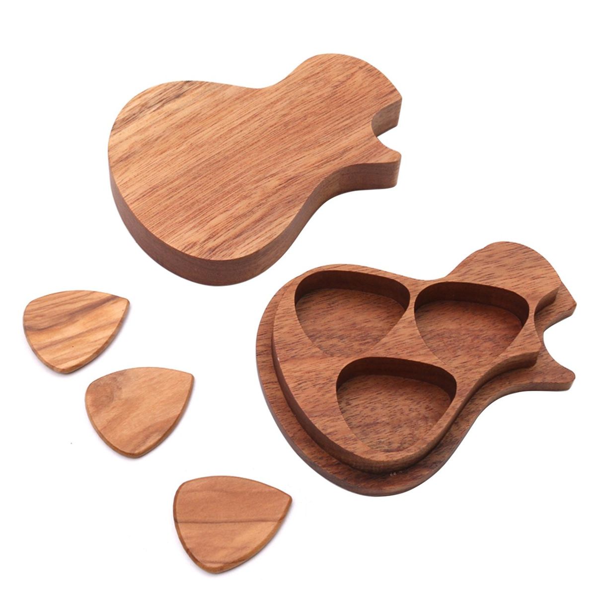 Delicate Wooden Guitar Pick Set Plectrum Storage Holder Case Box with 3pcs Guitar Picks Wood Guitar Accessories