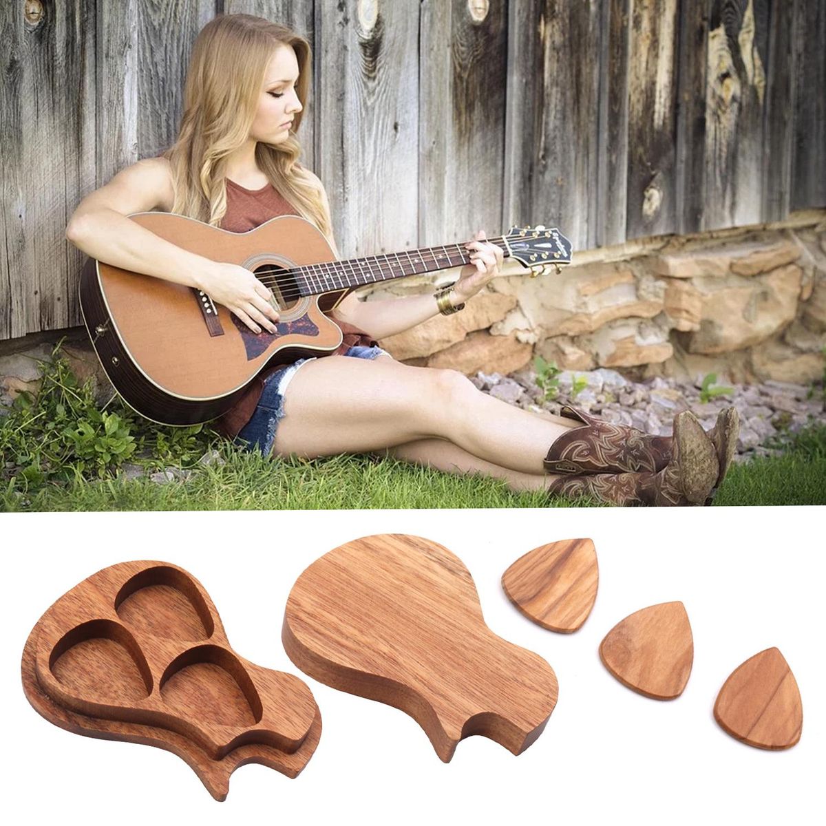 Delicate Wooden Guitar Pick Set Plectrum Storage Holder Case Box with 3pcs Guitar Picks Wood Guitar Accessories