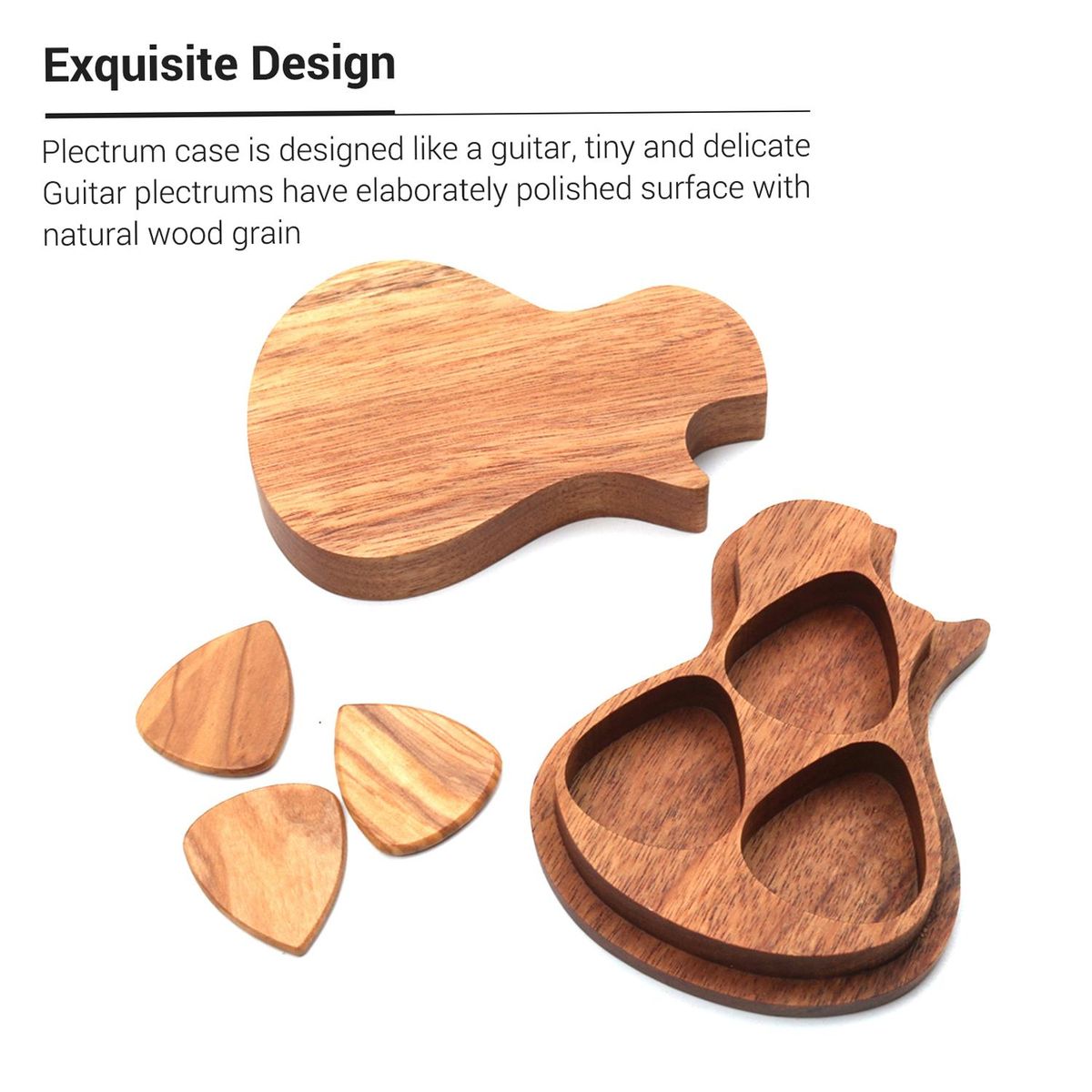 Delicate Wooden Guitar Pick Set Plectrum Storage Holder Case Box with 3pcs Guitar Picks Wood Guitar Accessories