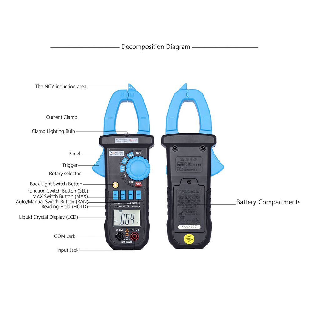 Digital Clamp Multimeter Lighting Function Durable NCV Automatic 600A 600V With Test Probe