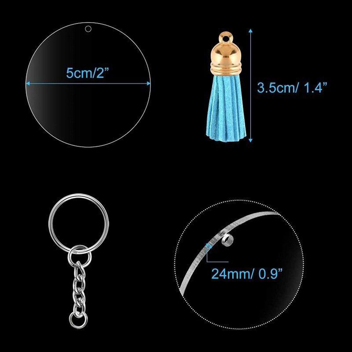 180Pcs Clear Acrylic Circle Discs Keychain  Tassel DIY